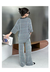 RM150424-32 طقم بناتي بلمع مزين بالبرق قطعتين ( بلوزة + بنطلون)