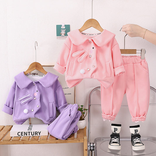 SSN040924-68 طقم بناتي قطن خريفي ربيعي دافي قطعتين ( جكيت + بنطلون)