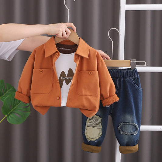 SSX220824-100 طقم جينز 3 قطع ( بلوزة قطنية + جكيت + بنطلون جينز )