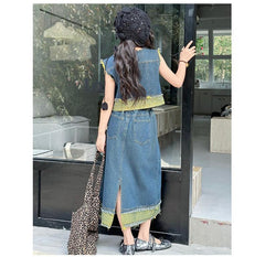 RM150424-29 طقم بناتي جينز صيفي قطعتين ( بلوزة + تنورة )