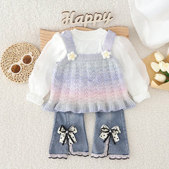 SSN040924-46 طقم جينز بناتي خريفي ربيعي 3 قطع ( بلوزة صوف + بلوزة قطنية + بنطلون جينز )