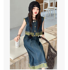 RM150424-29 طقم بناتي جينز صيفي قطعتين ( بلوزة + تنورة )