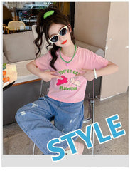 FU14042024-22 طقم بناتي صيفي قطعتين ( بلوزة قطنية + بنطلون جينز)