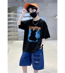 FU14042024-66 طقم ولادي صيفي قعطتين ( بلوز + بنطلون جينز)