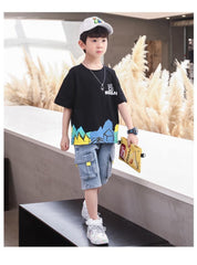 FU14042024-51 طقم ولادي صيفي جينز قطعتين ( بلوزة + بنطلون)