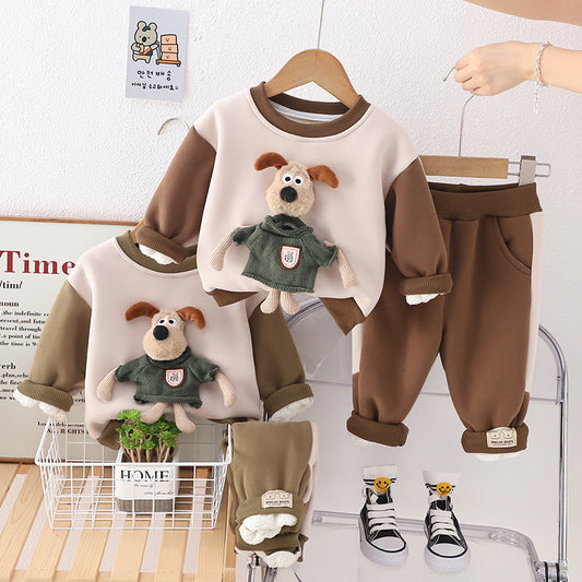 SSX220824-53 طقم ولادي شتوي تقيل مبطن فرو بالكامل قطعتين ( بلوزة + بنطلون)