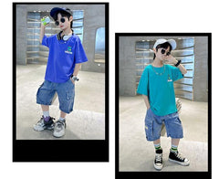 FU14042024-12 طقم ولادي صيفي قطعتين ( بلوزة + بنطلون)