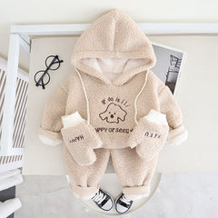 SSX220824-55 طقم ولادي شتوي تقيل مبطن فرو بالكامل 3 قطع ( بلوزة + بنطلون + قفازات)