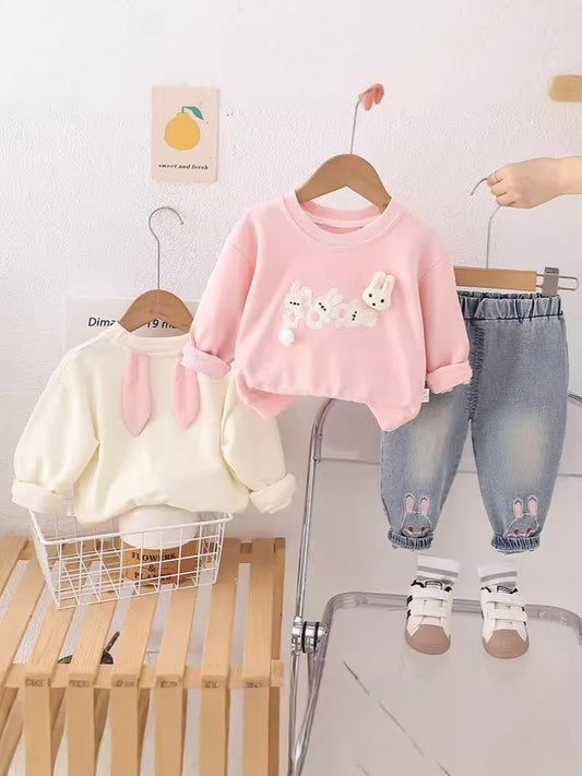 SSN040924-49 طقم بناتي ربيعي خريفي قطعتين ( بلوزة قطن دافي+ بنطلون جينز )