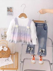 SSN040924-46 طقم جينز بناتي خريفي ربيعي 3 قطع ( بلوزة صوف + بلوزة قطنية + بنطلون جينز )