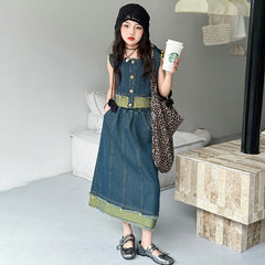 RM150424-29 طقم بناتي جينز صيفي قطعتين ( بلوزة + تنورة )