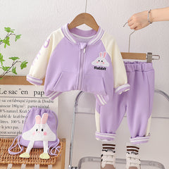 SSN040924-56 طقم بناتي ربيعي خريفي قطن تقيل 3 قطع ( جكيت + بنطلون + حقيبة)