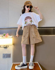 FU14042024-40 طقم بناتي صيفي قطعتين ( بلوزة + شورت)