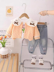 SSN040924-62 طقم بناتي قطن خريفي ربيعي 3 قطع ( جكيت + بلوزة + بنطلون جينز )