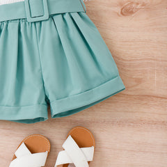 EU120424-28 طقم بناتي 3 قطع ( بلوزة + شورت + طاقية)