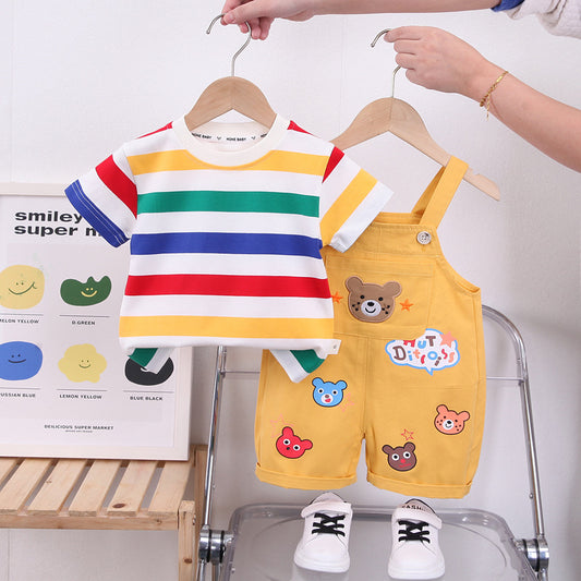 RM231223-17 طقم ولادي قطعتين ( أفرهول كتان + بلوزة قطنية )