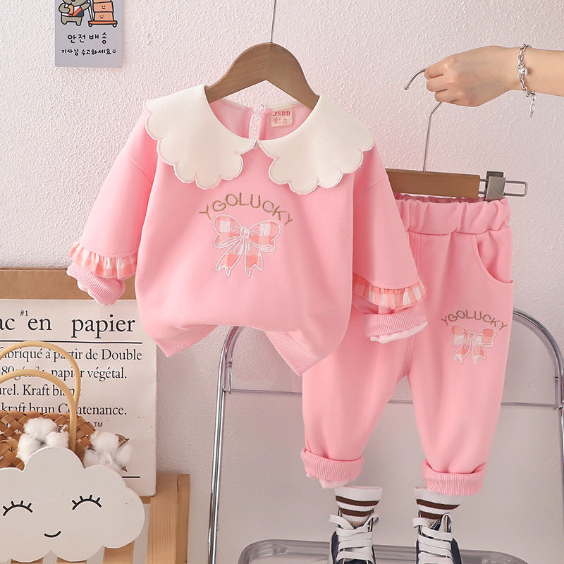 SSN040924-21 طقم بناتي قطن تقيل خريفي ربيعي قطعتين ( بلوزة + بنطلون)