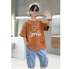 FU14042024-14 طقم ولادي صيفي قطعتين ( بلوزة + بنطلون جينز)