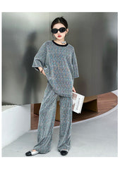 RM150424-32 طقم بناتي بلمع مزين بالبرق قطعتين ( بلوزة + بنطلون)