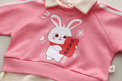 SSN040924-6 طقم بناتي قطعتين قطن خريفي ربيعي دافي ( بلوزة + بنطلون)