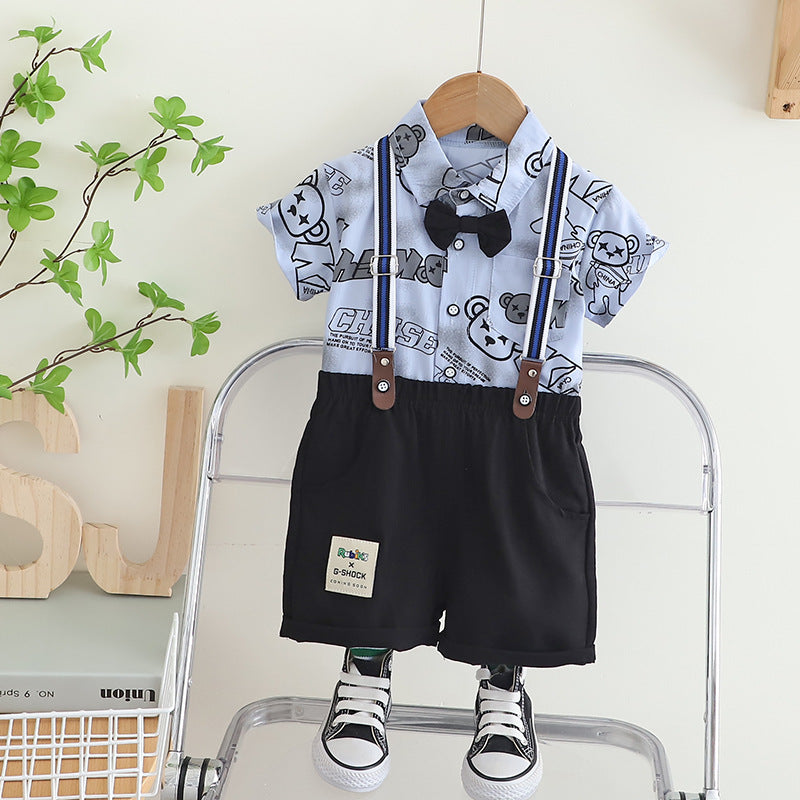 SSX220824-73 طقم صيفي قطعتين ( قميص مع ببيونة + شورت مع شيال)