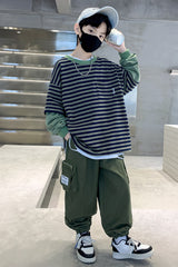 RM1227-43 طقم ولادي خامة تقيلة بجي قطعتين ( بلوزة قطنية + بنطلون كتان)