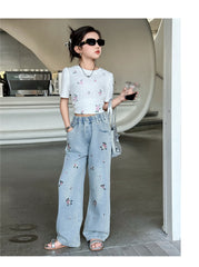 RM150424-35 طقم بناتي صيفي قطعتين ( بلوزة + بنطلون جينز )