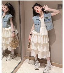 RM150424-25 فستان صيفي طبقات + فست جينز ناعم