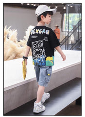 FU14042024-51 طقم ولادي صيفي جينز قطعتين ( بلوزة + بنطلون)