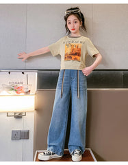 FU14042024-17 طقم بناتي قطعتين ( بلوزة + بنطلون جينز)