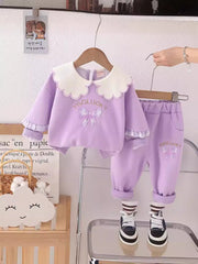 SSN040924-21 طقم بناتي قطن تقيل خريفي ربيعي قطعتين ( بلوزة + بنطلون)