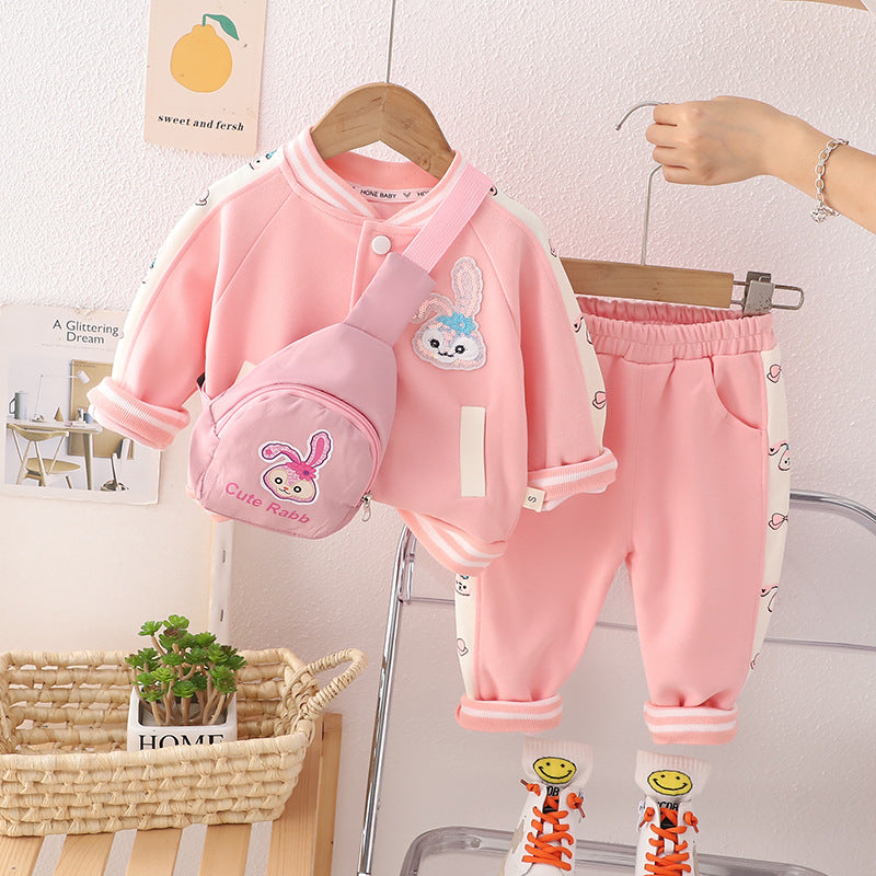 SSN040924-7 طقم بناتي قطن دافي خريفي ربيعي 3 قطع ( جكيت + بنطلون + حقيبة )