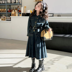 WZH191124-7 طقم جينز قطعتين ( جكيت + تنورة + حزام خصر)