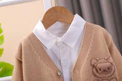 طقم ولادي 3 قطع دبدوب ( قميص + جكيت صوف + بنطلون جينز ) SSX220824-173