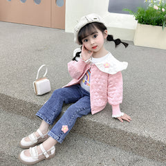 AO0508-64 طقم بناتي 3 قطع ( بلوزة + جكيت + بنطلون جينز )