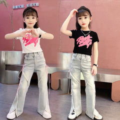 RM171223-24 طقم بناتي قطعتين ( بلوزة قطنية + بنطلون جينز )