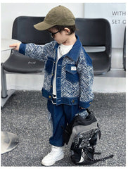 RM1227-36 طقم جينز ناعم ومريح ، قطعتين عالنمط بالكوري برسومات عصرية ( جكيت جينز + بنطلون جينز)