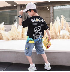 FU14042024-51 طقم ولادي صيفي جينز قطعتين ( بلوزة + بنطلون)