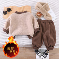 SSX220824-37 طقم ولادي شتوي مبطن فرو ( جكيت + بنطلون + لفحة)