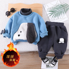 SSX220824-36 طقم ولادي شتوي تقيل مبطن فرو بالكامل قطعتين ( بلوزة + بنطلون)