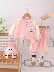 SSN040924-56 طقم بناتي ربيعي خريفي قطن تقيل 3 قطع ( جكيت + بنطلون + حقيبة)