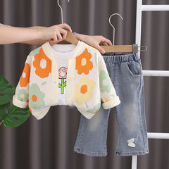 SSN040924-25 طقم بناتي قطن تقيل خريفي ربيعي قطعتين ( بلوزة + بنطلون)