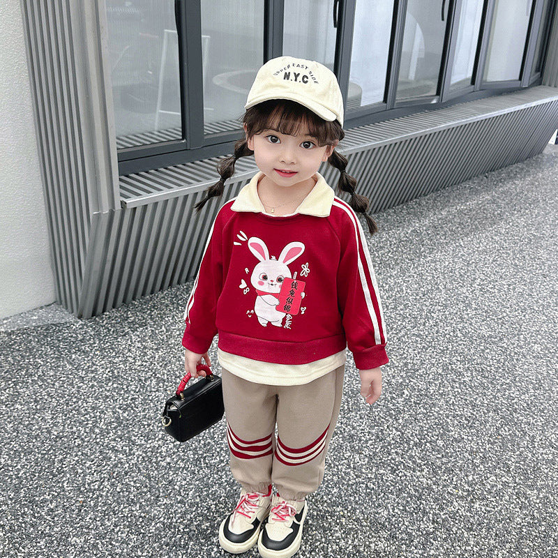 SSN040924-6 طقم بناتي قطعتين قطن خريفي ربيعي دافي ( بلوزة + بنطلون)