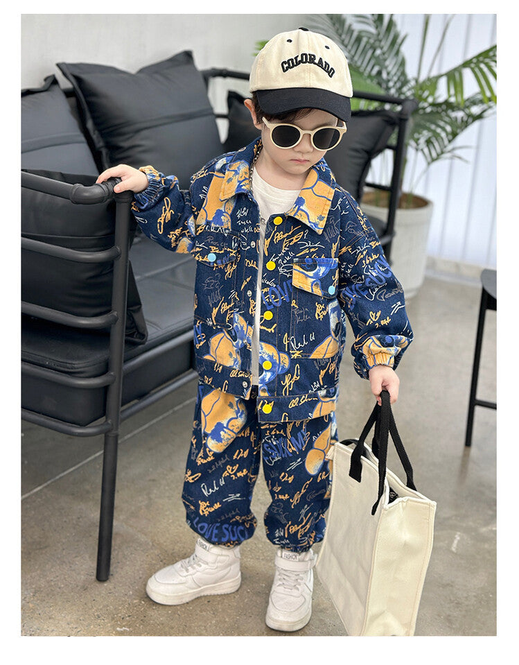 RM1227-17 طقم جينز برسومات مميزة بجي قطعتين ( جكيت + بنطلون)