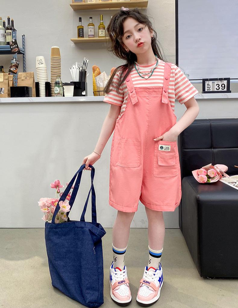 RM150424-15 طقم بناتي صيفي قطعتين ( بلوزة + افرهول)