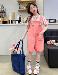 RM150424-15 طقم بناتي صيفي قطعتين ( بلوزة + افرهول)