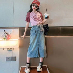 FU14042024-2 طقم بناتي صيفي قطعتين ( بلوزة+ تنورة)