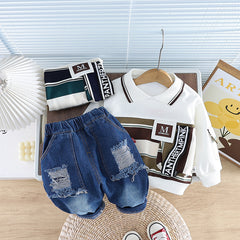 SSX220824-109 طقم ولادي قطعتين ( بلوزة + بنطلون جينز)