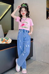 FU14042024-22 طقم بناتي صيفي قطعتين ( بلوزة قطنية + بنطلون جينز)