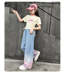 RM150424-31 طقم بناتي جينز صيفي قطعتين ( بلوزة + تنورة )
